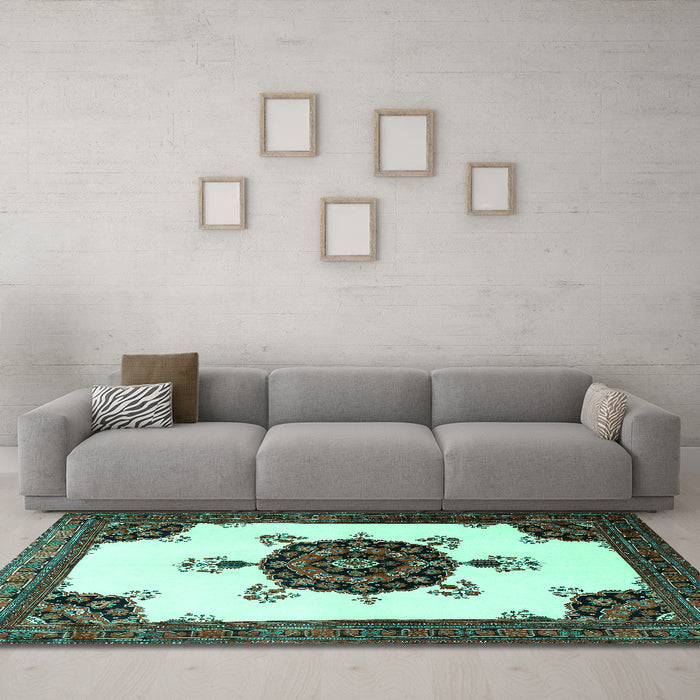 Machine Washable Medallion Turquoise Traditional Area Rugs in a Living Room,, wshtr1557turq