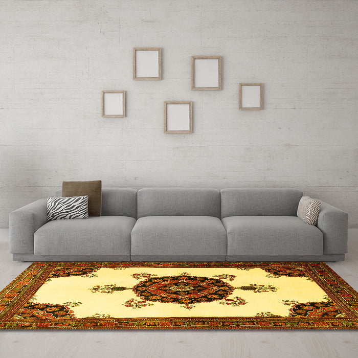 Machine Washable Medallion Yellow Traditional Rug in a Living Room, wshtr1557yw