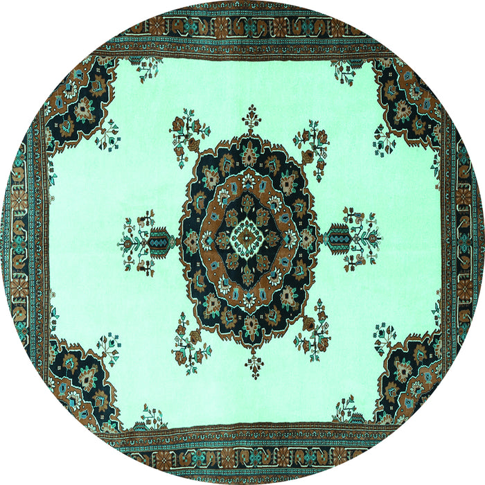 Round Machine Washable Medallion Turquoise Traditional Area Rugs, wshtr1557turq