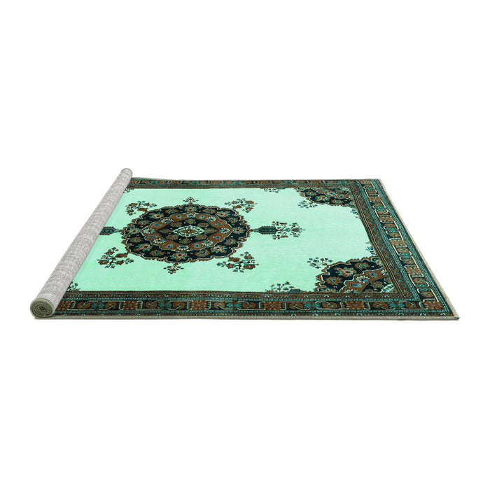 Sideview of Machine Washable Medallion Turquoise Traditional Area Rugs, wshtr1557turq
