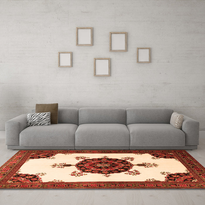 Machine Washable Medallion Orange Traditional Area Rugs in a Living Room, wshtr1557org