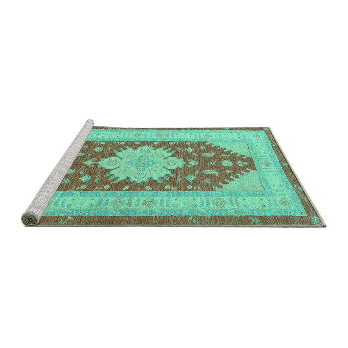 Sideview of Machine Washable Persian Turquoise Traditional Area Rugs, wshtr1558turq