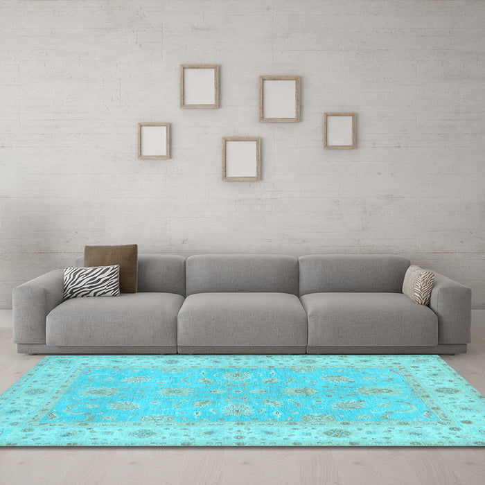 Machine Washable Oriental Light Blue Traditional Rug in a Living Room, wshtr1560lblu