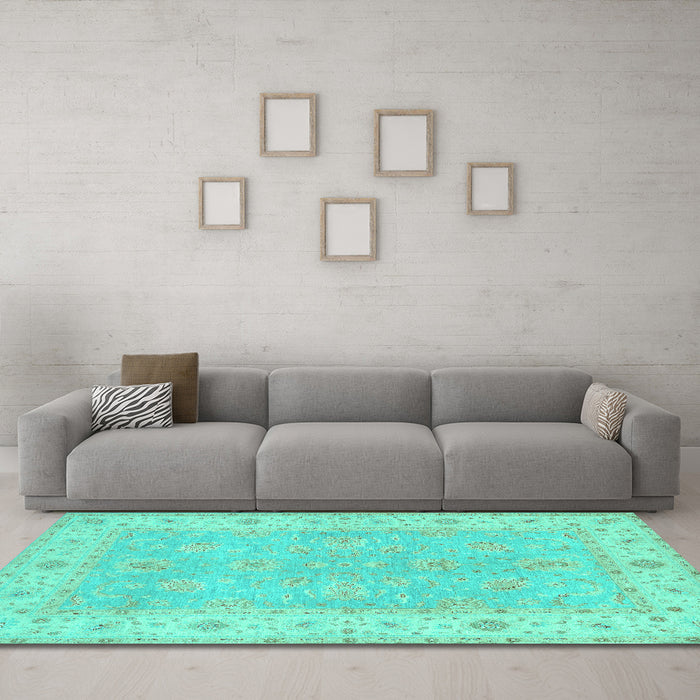 Machine Washable Oriental Turquoise Traditional Area Rugs in a Living Room,, wshtr1560turq
