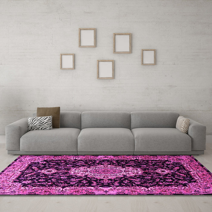Machine Washable Medallion Pink Traditional Rug in a Living Room, wshtr1561pnk
