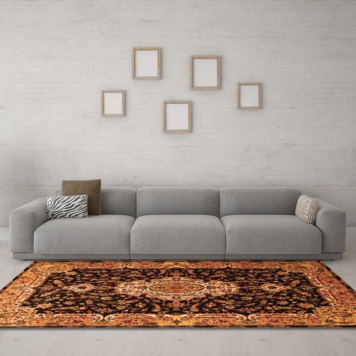 Machine Washable Medallion Orange Traditional Area Rugs in a Living Room, wshtr1561org