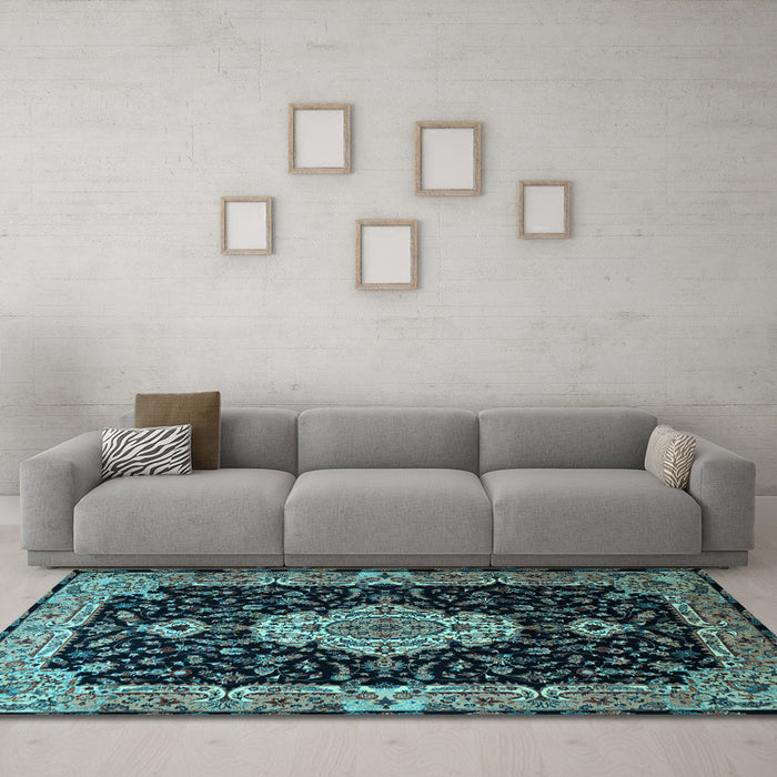 Machine Washable Medallion Light Blue Traditional Rug in a Living Room, wshtr1561lblu