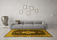 Machine Washable Medallion Yellow Traditional Rug, wshtr1561yw