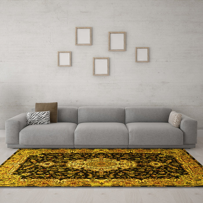 Machine Washable Medallion Yellow Traditional Rug in a Living Room, wshtr1561yw