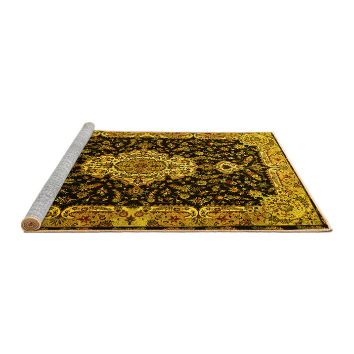Sideview of Machine Washable Medallion Yellow Traditional Rug, wshtr1561yw
