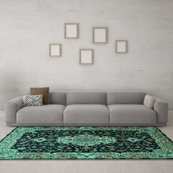 Machine Washable Medallion Turquoise Traditional Area Rugs in a Living Room,, wshtr1561turq