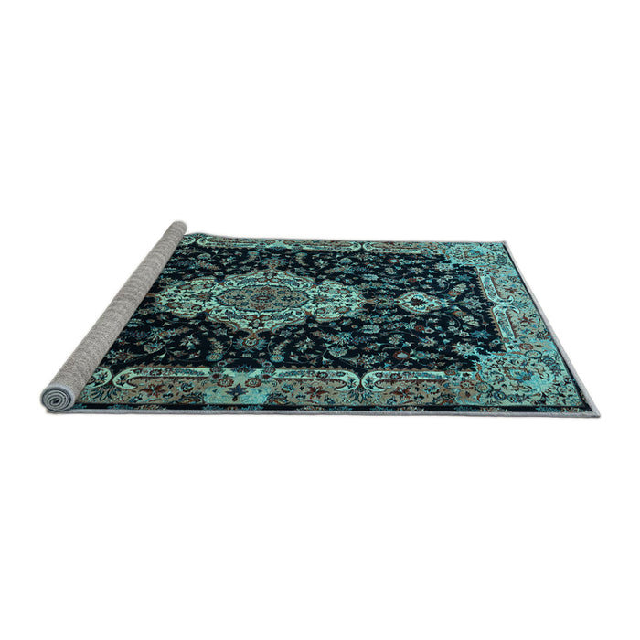 Sideview of Machine Washable Medallion Light Blue Traditional Rug, wshtr1561lblu
