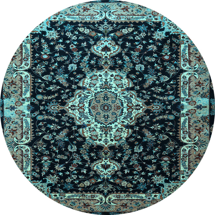 Round Machine Washable Medallion Light Blue Traditional Rug, wshtr1561lblu