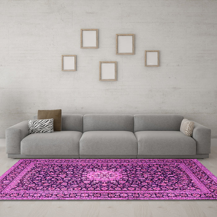 Machine Washable Medallion Pink Traditional Rug in a Living Room, wshtr1562pnk