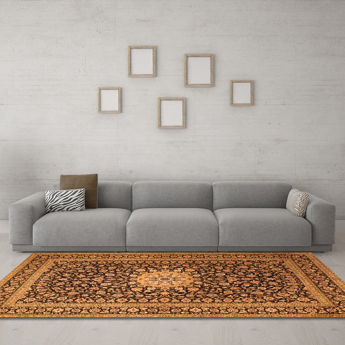 Machine Washable Medallion Orange Traditional Area Rugs in a Living Room, wshtr1562org