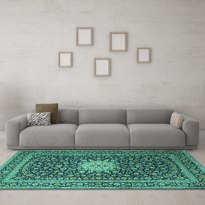 Machine Washable Medallion Turquoise Traditional Area Rugs in a Living Room,, wshtr1562turq