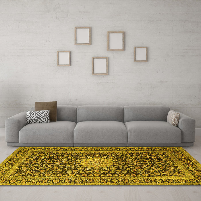 Machine Washable Medallion Yellow Traditional Rug in a Living Room, wshtr1562yw