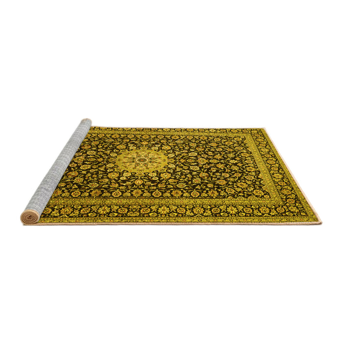 Sideview of Machine Washable Medallion Yellow Traditional Rug, wshtr1562yw