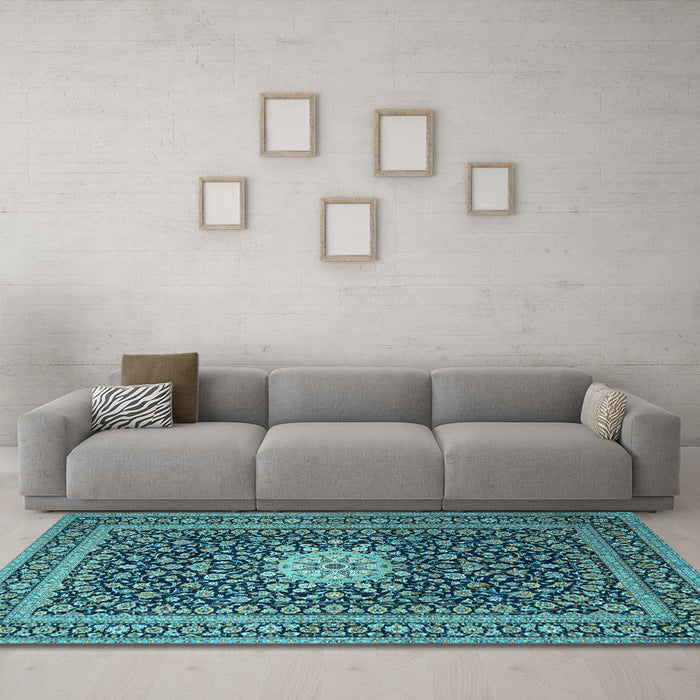 Machine Washable Medallion Light Blue Traditional Rug in a Living Room, wshtr1562lblu