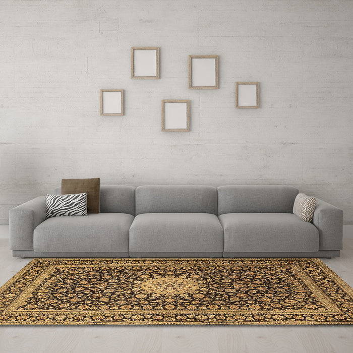 Machine Washable Medallion Brown Traditional Rug in a Living Room,, wshtr1562brn