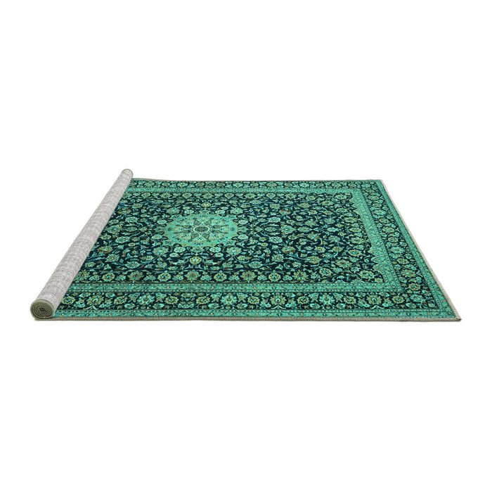 Sideview of Machine Washable Medallion Turquoise Traditional Area Rugs, wshtr1562turq