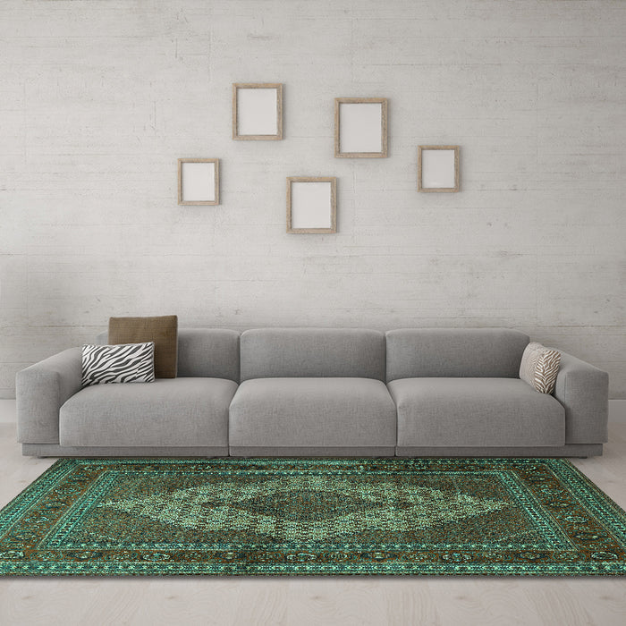 Machine Washable Persian Turquoise Traditional Area Rugs in a Living Room,, wshtr1563turq