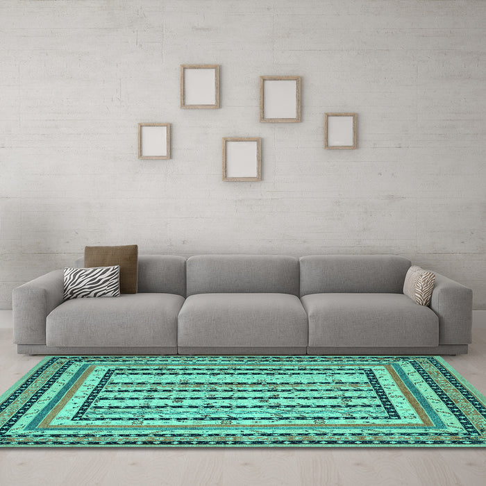 Machine Washable Persian Turquoise Traditional Area Rugs in a Living Room,, wshtr1564turq