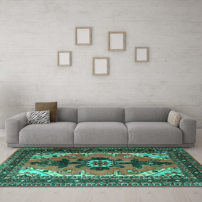 Machine Washable Persian Turquoise Traditional Area Rugs in a Living Room,, wshtr1565turq