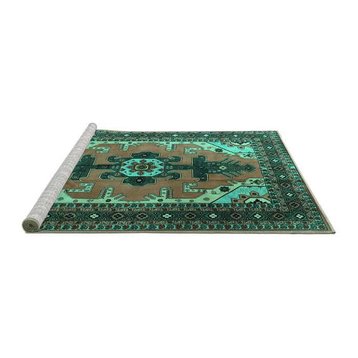 Sideview of Machine Washable Persian Turquoise Traditional Area Rugs, wshtr1565turq