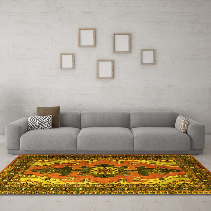 Machine Washable Persian Yellow Traditional Rug in a Living Room, wshtr1565yw