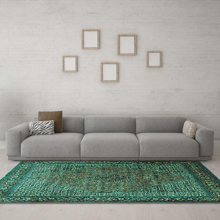 Machine Washable Persian Turquoise Traditional Area Rugs in a Living Room,, wshtr1566turq