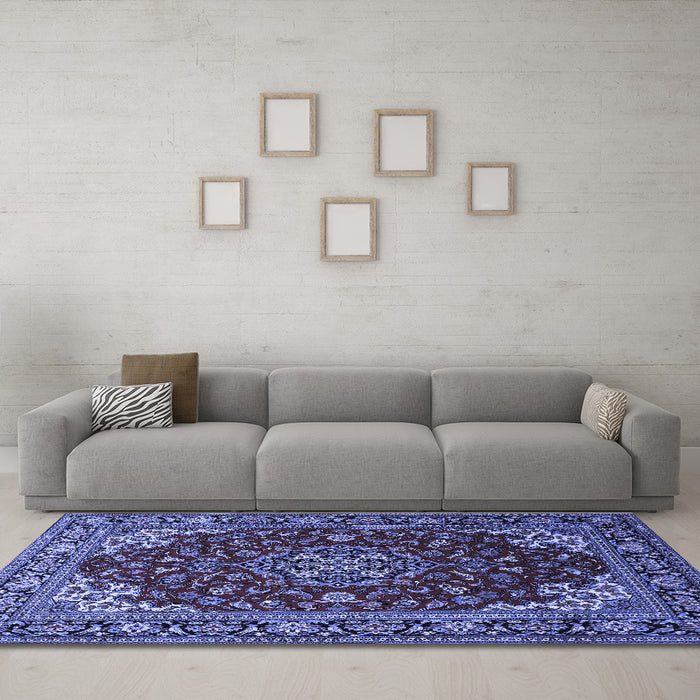 Machine Washable Medallion Blue Traditional Rug in a Living Room, wshtr1567blu