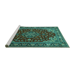 Sideview of Machine Washable Medallion Turquoise Traditional Area Rugs, wshtr1567turq