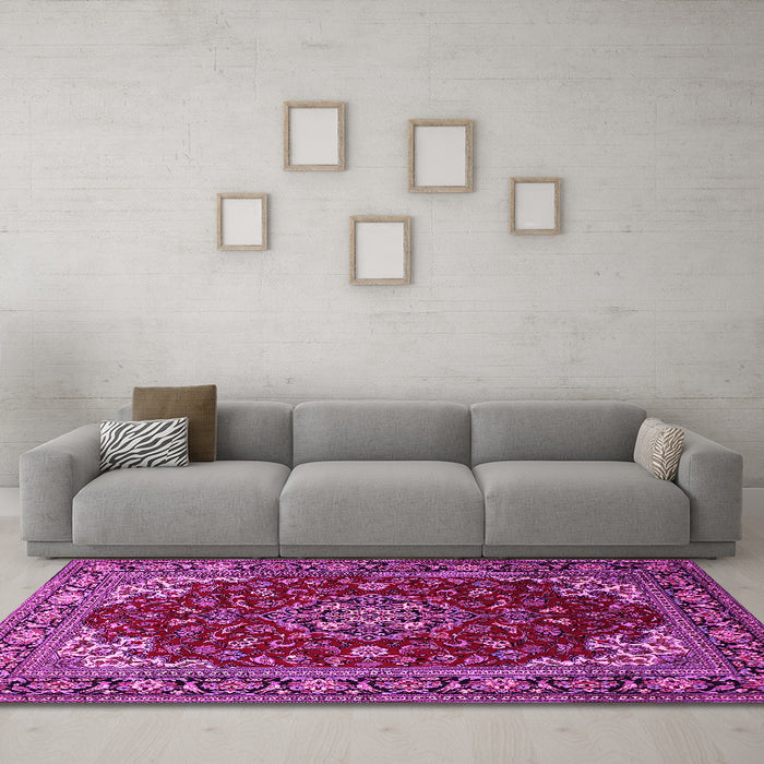 Machine Washable Medallion Pink Traditional Rug in a Living Room, wshtr1567pnk