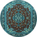 Round Machine Washable Medallion Light Blue Traditional Rug, wshtr1567lblu