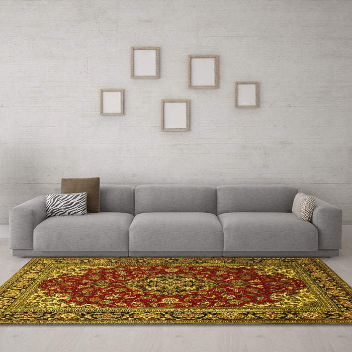 Machine Washable Medallion Yellow Traditional Rug in a Living Room, wshtr1567yw