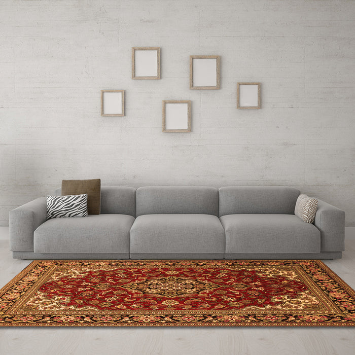 Machine Washable Medallion Orange Traditional Area Rugs in a Living Room, wshtr1567org