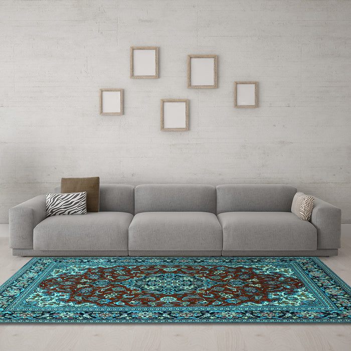 Machine Washable Medallion Light Blue Traditional Rug in a Living Room, wshtr1567lblu