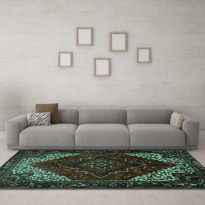 Machine Washable Persian Turquoise Traditional Area Rugs in a Living Room,, wshtr1568turq