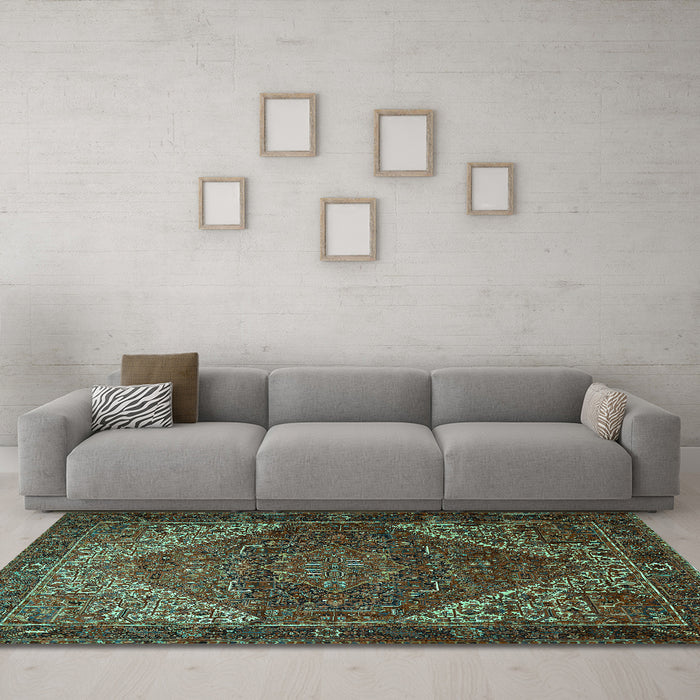 Machine Washable Persian Turquoise Traditional Area Rugs in a Living Room,, wshtr1569turq