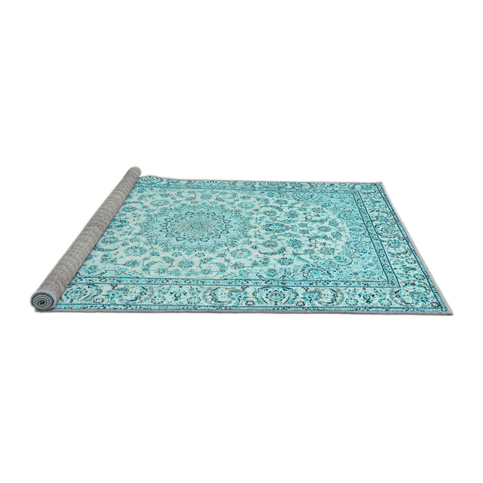 Sideview of Machine Washable Medallion Light Blue Traditional Rug, wshtr156lblu