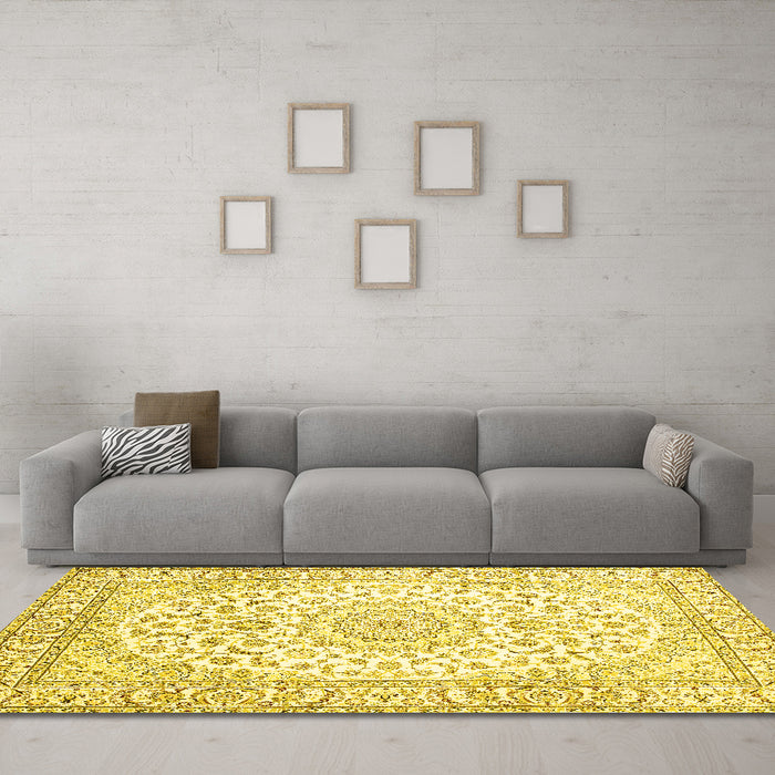 Machine Washable Medallion Yellow Traditional Rug in a Living Room, wshtr156yw