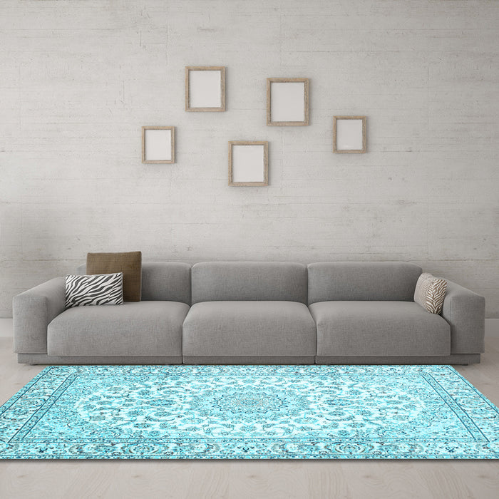 Machine Washable Medallion Light Blue Traditional Rug in a Living Room, wshtr156lblu