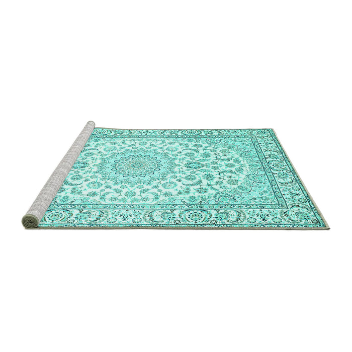 Sideview of Machine Washable Medallion Turquoise Traditional Area Rugs, wshtr156turq