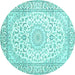 Round Machine Washable Medallion Turquoise Traditional Area Rugs, wshtr156turq