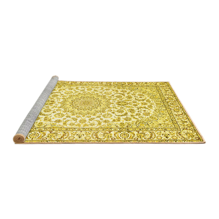 Sideview of Machine Washable Medallion Yellow Traditional Rug, wshtr156yw
