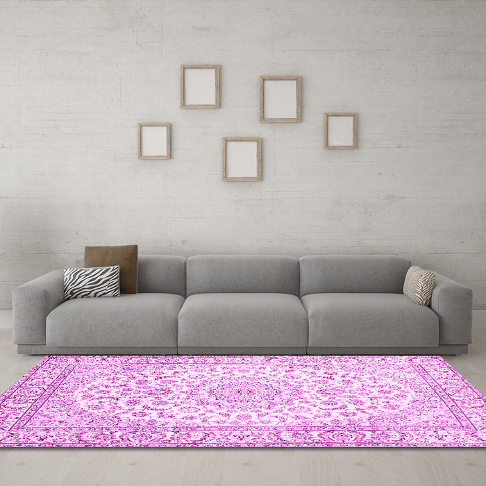 Machine Washable Medallion Pink Traditional Rug in a Living Room, wshtr156pnk