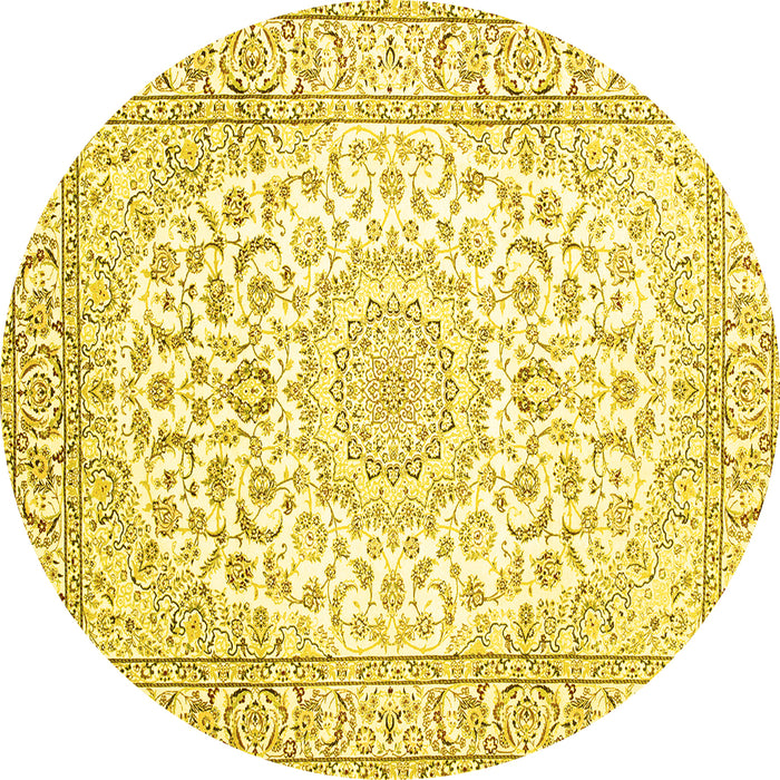 Round Machine Washable Medallion Yellow Traditional Rug, wshtr156yw