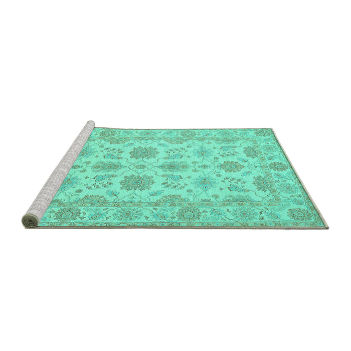 Sideview of Machine Washable Oriental Turquoise Traditional Area Rugs, wshtr1571turq