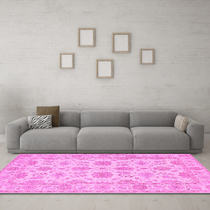 Machine Washable Oriental Pink Traditional Rug in a Living Room, wshtr1571pnk